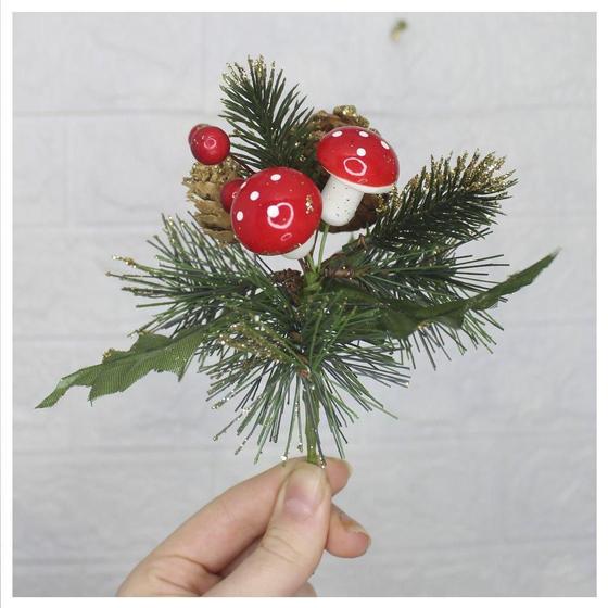 Imagem de Kit 8 Ramos Cogumelo Decoração De Natal Artificial Com Brilh