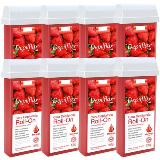 Imagem de Kit 8 Refil Cera Depilatoria Corporal Profissional Depilação Roll On Depilflax Morango 100g