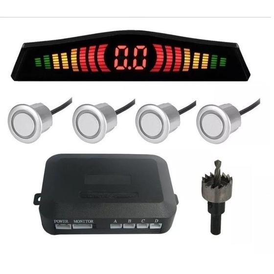Imagem de kit 8 Sensor Estacionamento Ré c/ display Prata 18mm + serra copo
