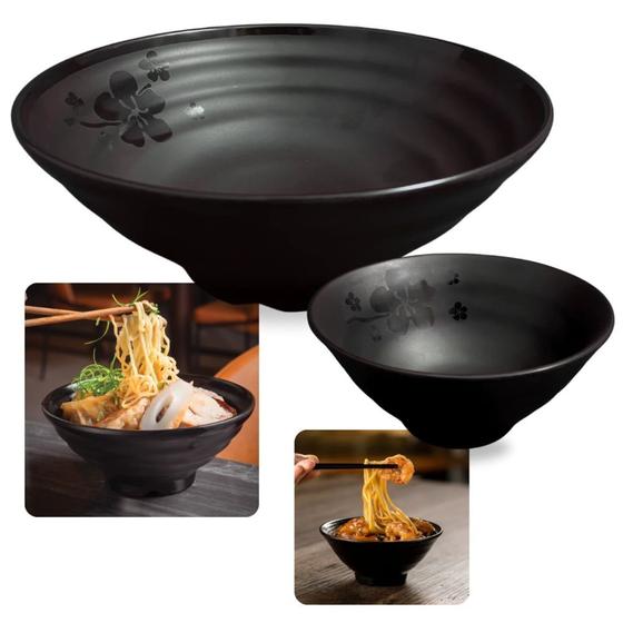 Imagem de Kit 8 Tigelas Onduladas Pretas Kanpai 300 Ml + 820 Ml (4 Cada) Melamina Premium Restaurante Japones Bestfer