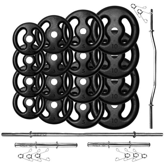 Imagem de Kit 80Kg Anilhas de Ferro com Barras 40cm e 150cm + Barra W 1,20m