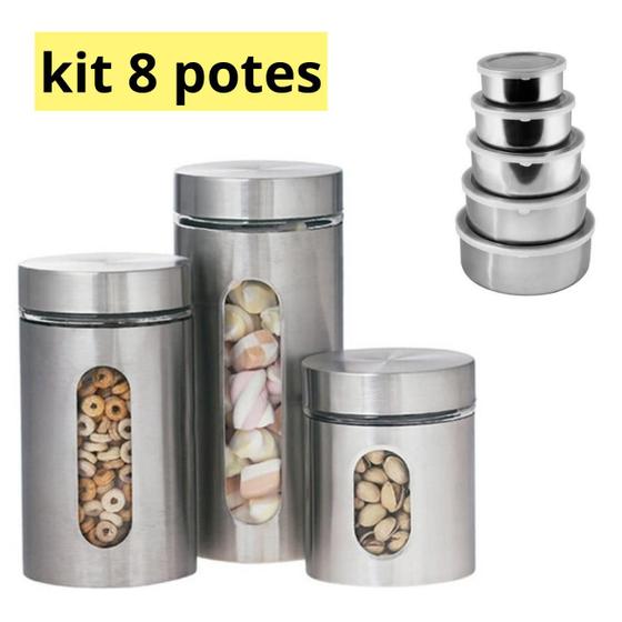 Imagem de Kit 8x Potes Para Mantimentos De Aço Inox E Vidro Com Tampa