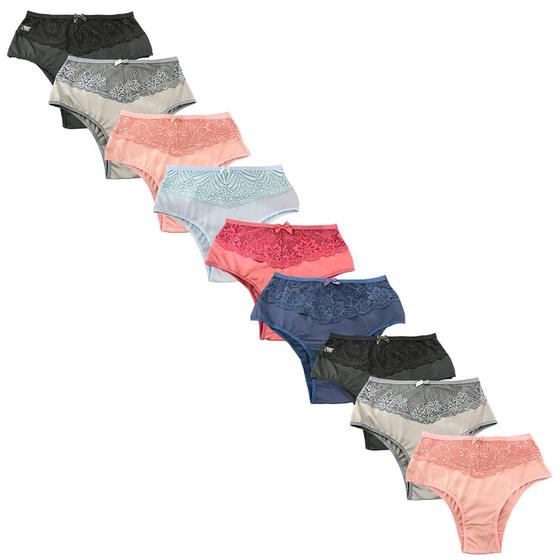 Imagem de Kit 9 Calcinha Cintura Alta Com Renda Cós Alto Fristyle Microfibra Feminina Adulto