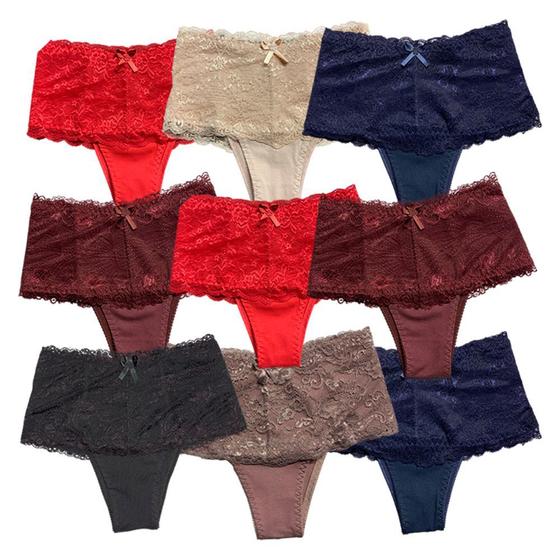 Imagem de Kit 9 Calcinhas Cintura Alta Fristyle Modeladora Com Renda Em Algodão Adulto