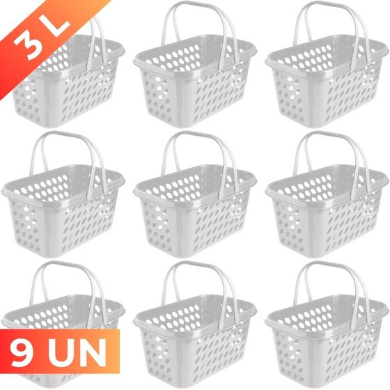 Imagem de Kit 9 Cesta Cestinha Plástica Supermercado Compras 3L c/ Alça Resistente Leve Mulituso Portátil