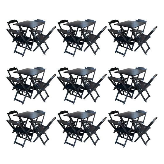 Imagem de Kit 9 Conjuntos de Mesa Dobravel com 4 Cadeiras de Madeira 70x70 para Restaurante e Bar - Preto