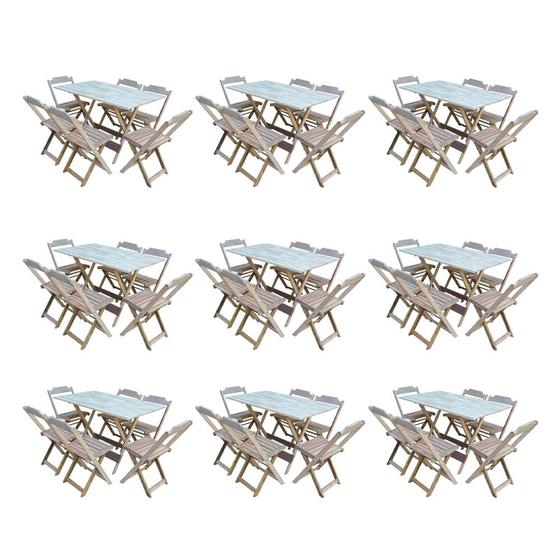 Imagem de Kit 9 Conjuntos de Mesa Dobravel com 6 Cadeiras de Madeira 120x70 para Restaurante e Bar- sem Pintur