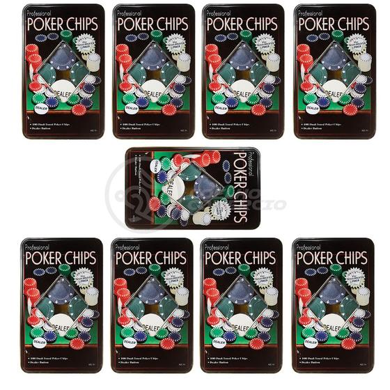 Imagem de KIT 9 Latas Exclusivas Professional Poker Chips 100 Fichas Numeradas + 1 Ficha Dealer em CADA