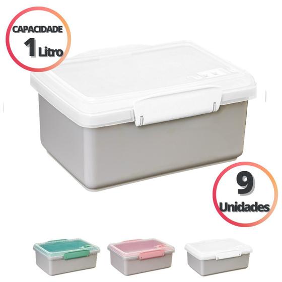 Imagem de Kit 9 Marmita Com Trava e Válvula 1 Litro Microondas Freezer
