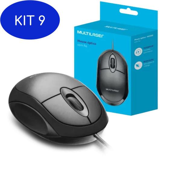 Imagem de Kit 9 Mouse Óptico Classic Box Usb 1200Dpi Cabo 1M Mo300