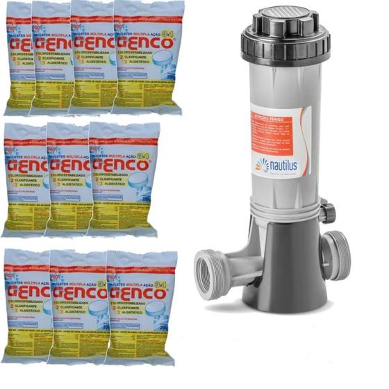 Imagem de Kit 9 Pastilhas de Cloro + Clorador Dosador Automatico para Piscinas Spa
