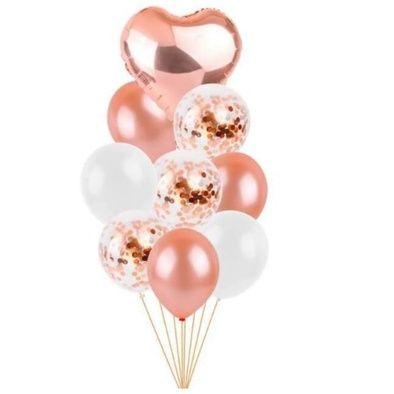 Imagem de Kit 9 PÇ Buque Balões Bexiga/Balão Metalizado Coração Dourado Rose Gold Prata Vermelho