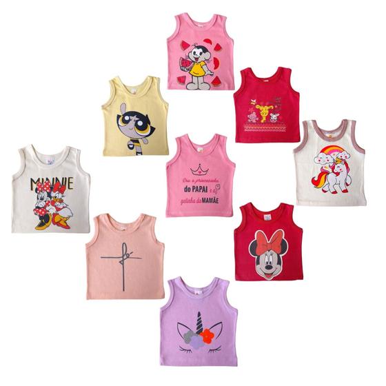 Imagem de Kit 9 Peças - Regata Com Desenhos ou Frases Malha Algodão Verão Bebê Enxoval