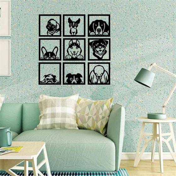 Imagem de Kit 9 Quadros Vazados Cachorros Fofos Dog Decorativo Quarto Sala Enfeite Aplique Parede MDF Preto