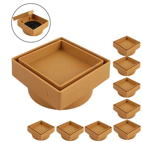 Imagem de Kit 9 Ralo Oculto Invisível Quadrado 10x10cm Plástico Com Tela Para Banheiro - AMZ