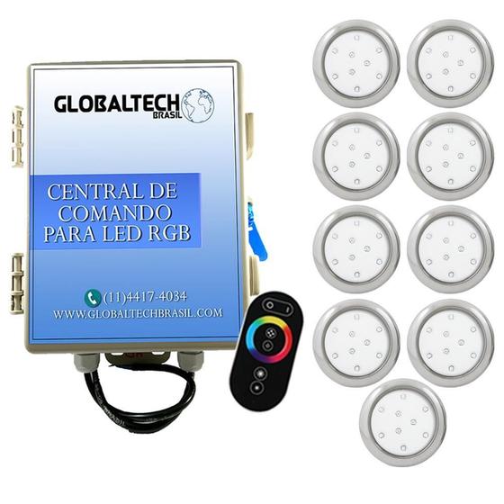 Imagem de Kit 9 Refletor Led Piscina Rgb 9W Inox + Central Touch Encai