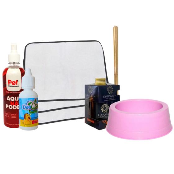 Imagem de Kit 9 Tapetes Hig. Pet + Comedouro Pet + Difusor de Ambiente 250ml S + Xixi Sim + Aqui Não Pode