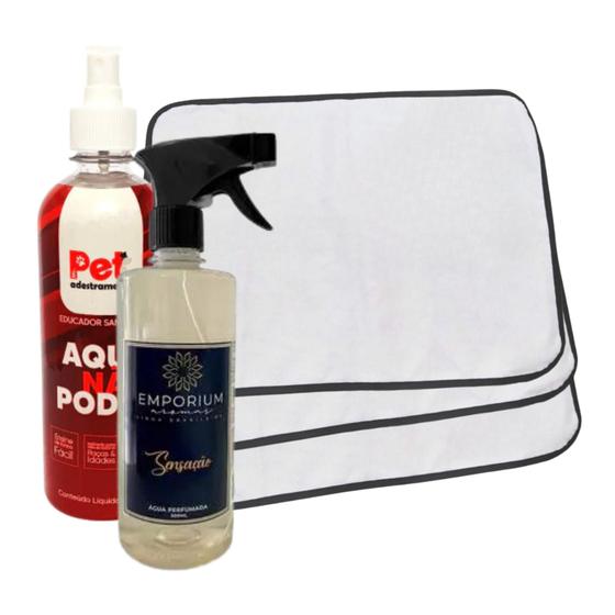 Imagem de Kit 9 Tapetes Higiênicos Pet + Água perfumada Spray 500ml Emporium + Educador Aqui Não Pode 500ml