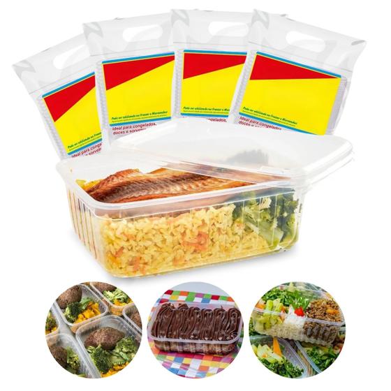 Imagem de Kit 96 Pote Retangular de Plástico 500ml Marmita Fit Bolo no Pote de Sorvete Transparente Com Tampa