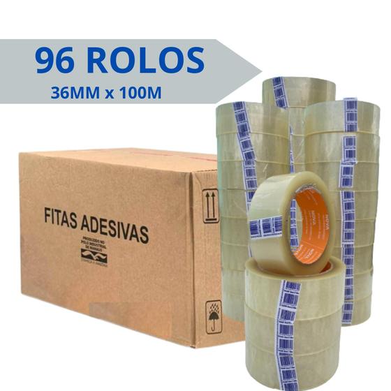 Imagem de Kit 96 rolos de  fitas adesivas transparentes 36mm x 100m  