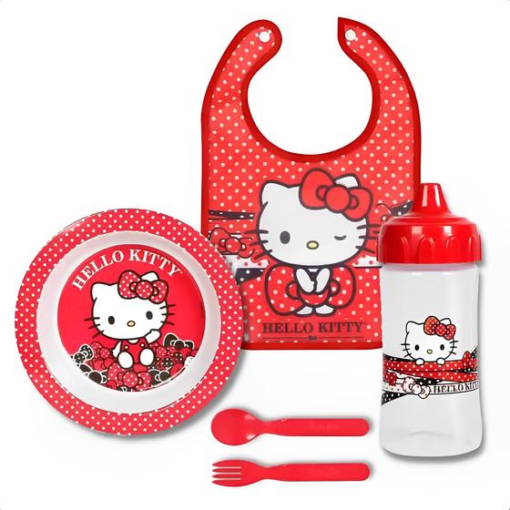 Imagem de Kit A Hora Da Papinha Hello Kitty Com Babador Porta Migalhas Copo Redutor De Respingo Baby Go - 02600