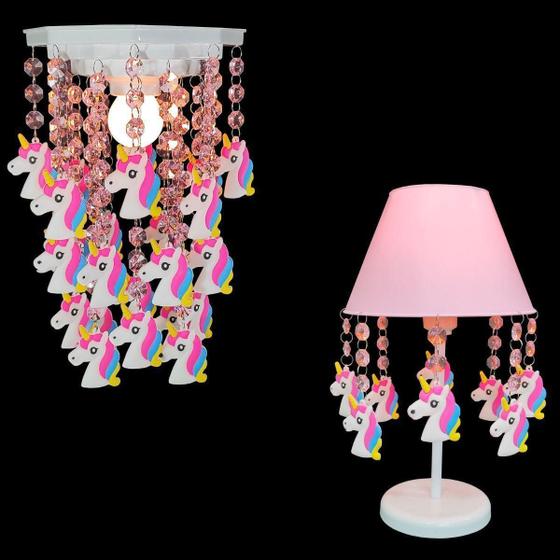 Imagem de Kit Abajur + Lustre Unicórnios - Design Moderno - Rosa Bebê