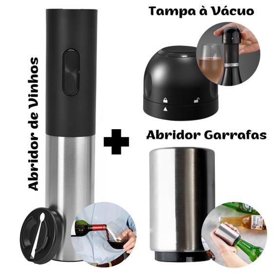 Imagem de Kit Abridor de Vinho Bebidas e Garrafas Tampa Pressão Vácuo