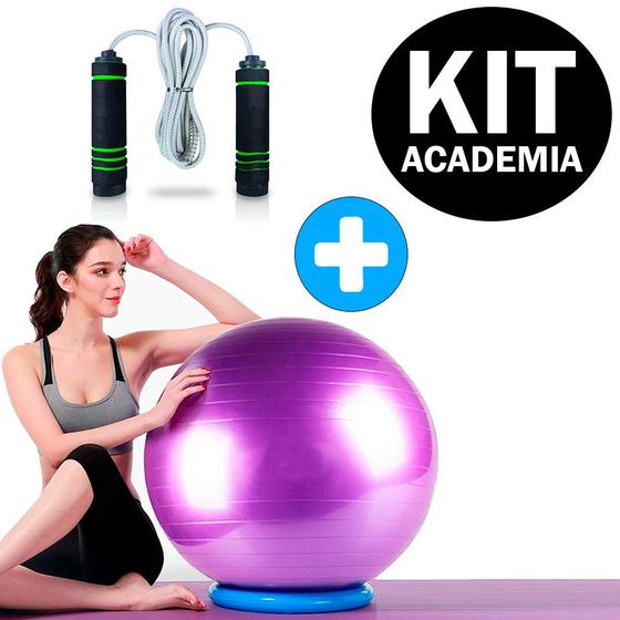 Imagem de Kit Academia em Casa Bola Pilates Yoga 55cm + Corda De Pular Profissional Treino Funcional