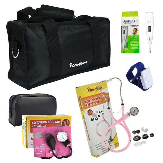 Imagem de Kit Acadêmico com Estetoscópio + Esfigmomanômetro Rosa + Termômetro Digital + Garrote (G-TECH)