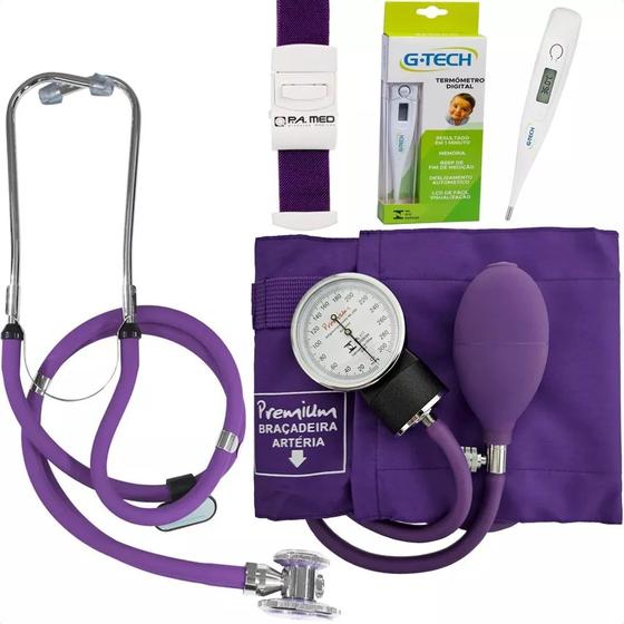 Imagem de Kit Acadêmico Esfigmo Roxo + Esteto + Garrote + Termômetro