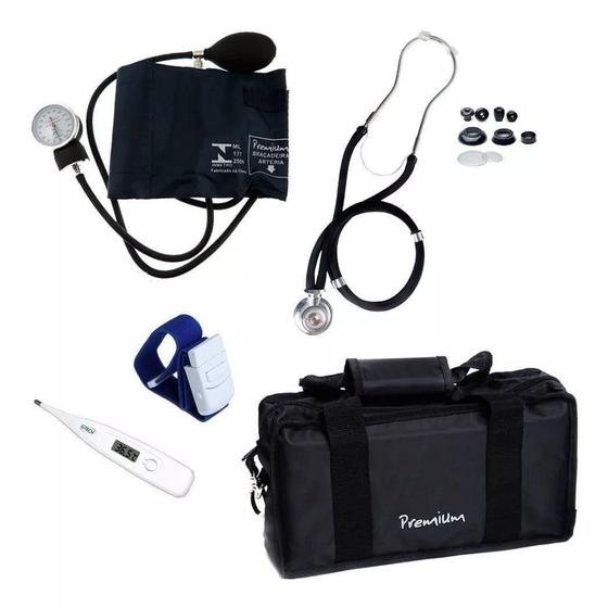 Imagem de Kit Acadêmico Esfigmomanômetro + Esteto + Garrote + Termometro + Bolsa Multiuso