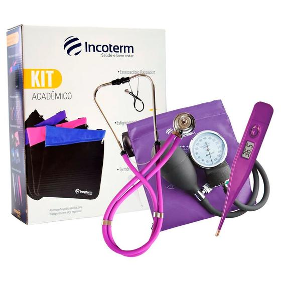 Imagem de Kit Acadêmico Incoterm KA100 Lilás com 1 Estetoscópio Rappaport + 1 Esfigmomanômetro Aneróide + 1 Termômetro Digital + Bolsa