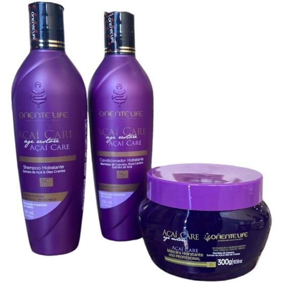 Imagem de Kit Açaí Care 1 Shampoo 1 Condicionador 1 Máscara 300ml Oriente Life