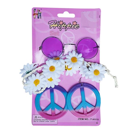 Imagem de Kit Acessório Fantasia Hippie Feminina Festa Anos 70 Carnaval: Óculos + Brincos + Tiara Flores = 3 Produtos