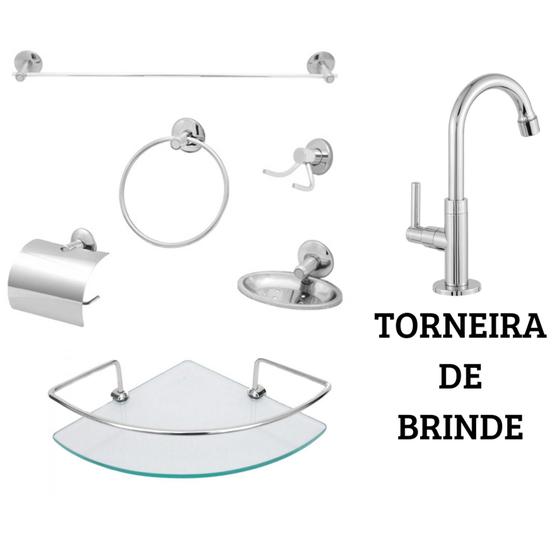 Imagem de Kit Acessório P/ Banheiro Aço Inox 6 Peças C/ Porta Shampoo Canto + Torneira Lavatório