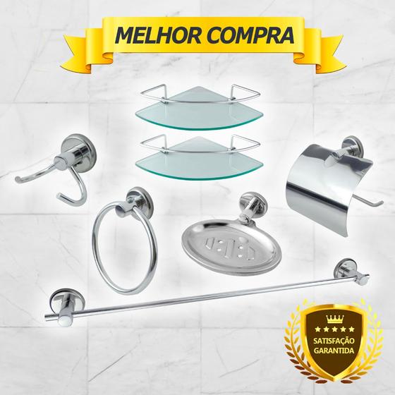 Imagem de Kit Acessório Para Banheiro Aço Inox 5 Peças + 2 Porta Shampoo Vidro Canto Cód. 5760