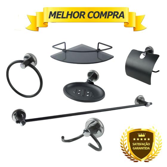 Imagem de Kit Acessório Para Banheiro Aço Inox 6 Peças Com Porta Shampoo Vidro Canto PRETO FOSCO Cód. 1850