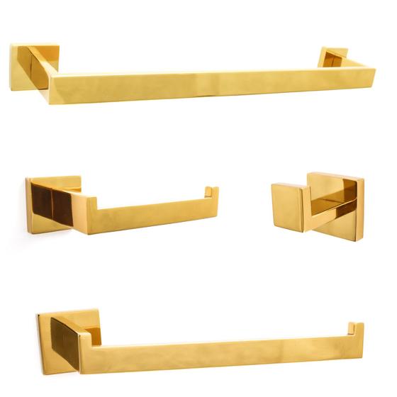 Imagem de Kit Acessórios 4 Peças Slim Luxo Para Banheiro Lavabo Quadrado Aço Inox Dourado