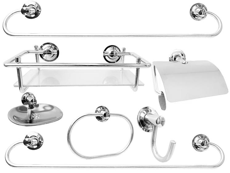 Kit Acessórios Banheiro em Aço Inox 7 Peças C/ Porta Shampoo Retangular Menor preço em Kit Acessórios Banheiro em Aço Inox 7 Peças C/ Porta Shampoo Retangular