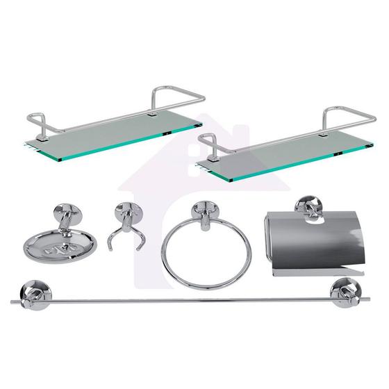 Menor preço em Kit Acessórios Banheiro inox 5peças + 2 Porta Shampoo Reto cod401
