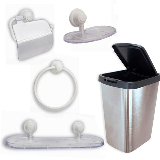 Imagem de Kit Acessórios Banheiro Lavabo 4 Peças + Lixeira Label Inox