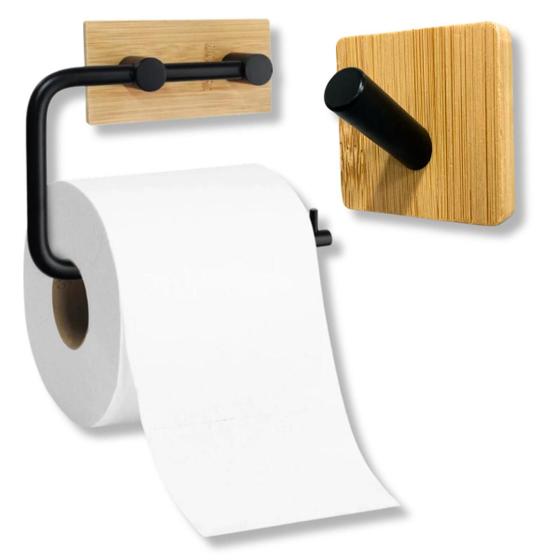 Imagem de  Kit Acessórios Banheiro Lavabo Bambu Ferro Gancho Cabideiro Porta Papel Higiênico Adesivo 3M