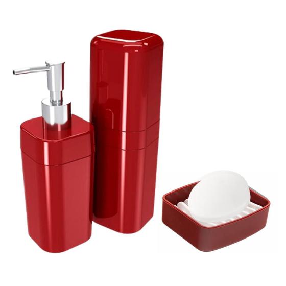 Imagem de Kit Acessórios Banheiro Lavabo Conjunto Organização 3 Pcs Plástico Saboneteira Porta Escova e Sabão