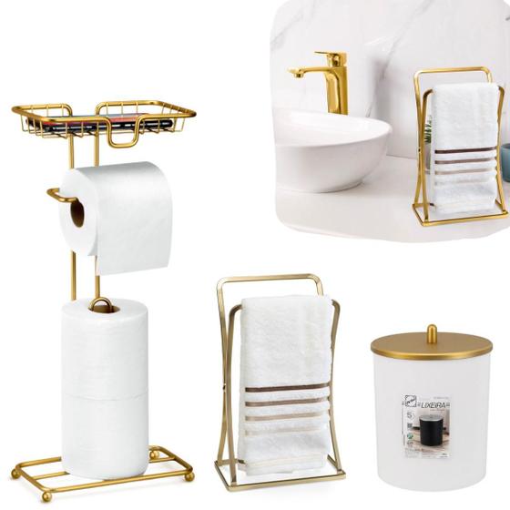 Imagem de Kit Acessorios Banheiro Lavabo Dourado Cesto de Lixo Premium Luxo Gold Lixeira Papeleira Porta Toalha De Rosto Bancada Conjunto Presente