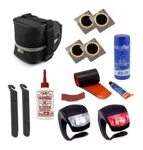 Imagem de Kit Acessórios Bike Bolsa Selim Lanterna Led Remendo Sinaliz