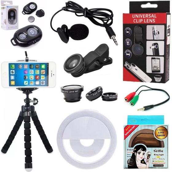 Imagem de Kit Acessórios Câmera Celular Luz Selfie Mini Tripé Microfone Lente