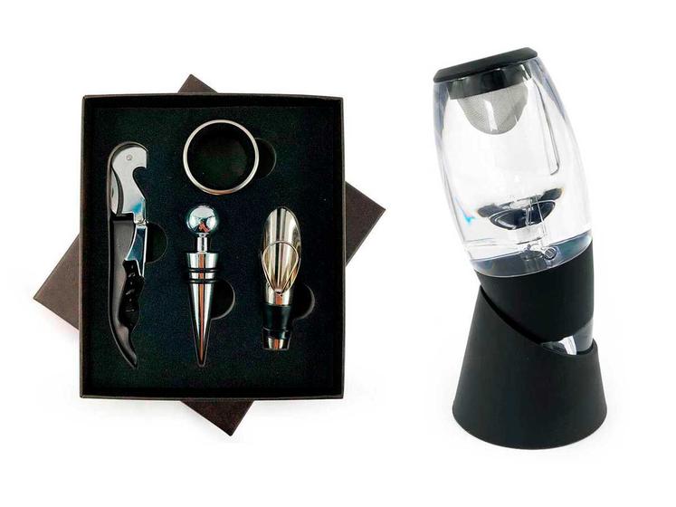 Imagem de Kit Acessórios De Vinho Estojo 4 Peças Dosador Saca Rolha Tampa Anel + Aerador De Vinho Magic Decanter C/ Filtro