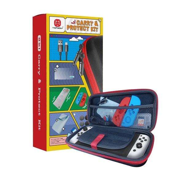 Imagem de Kit Acessórios Nintendo Switch 12 em 1 - Case Capa Película Caps Cabo USB Estojo Para Jogos