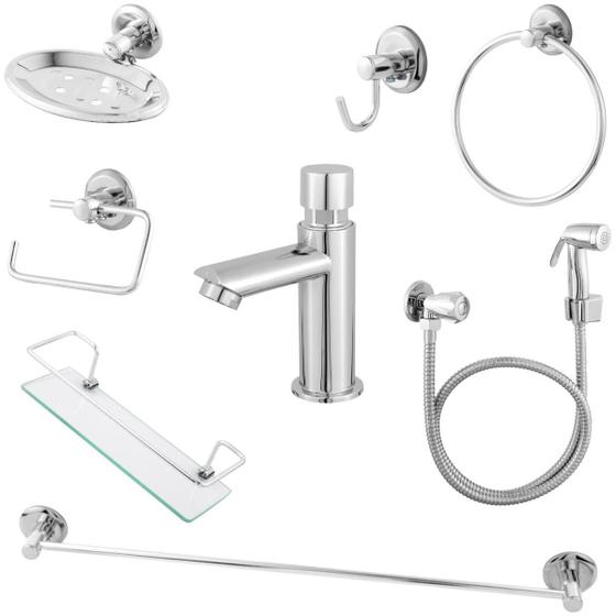 Imagem de Kit Acessórios p/ Banheiro + Torneira Automática + Ducha Higiênica + Porta Shampoo