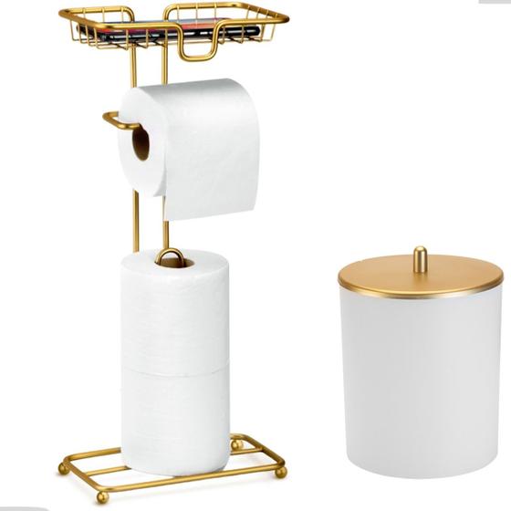 Imagem de Kit Acessorios Papeleira de Chão Porta Papel Higiênico Lixeira Lavabo Banheiro Dourado Luxo Arthi